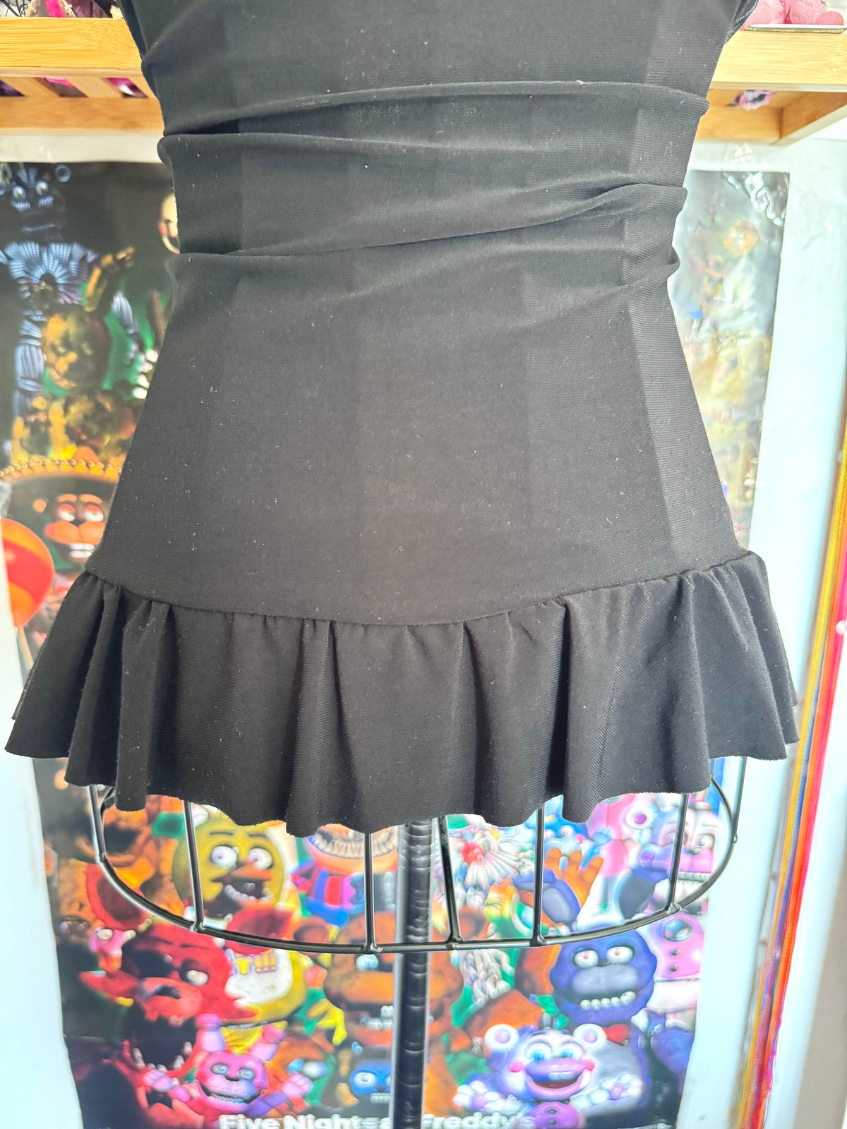 y2k vintage black mesh fitted cami top with ruffle hem and ruched milkmaid bust gothic