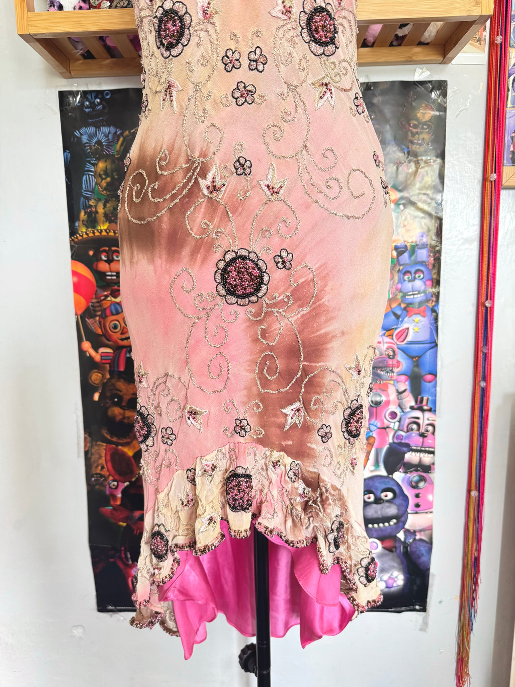 90’s vintage silk pink and brown beaded floral pattern halterneck mini dress fairycore