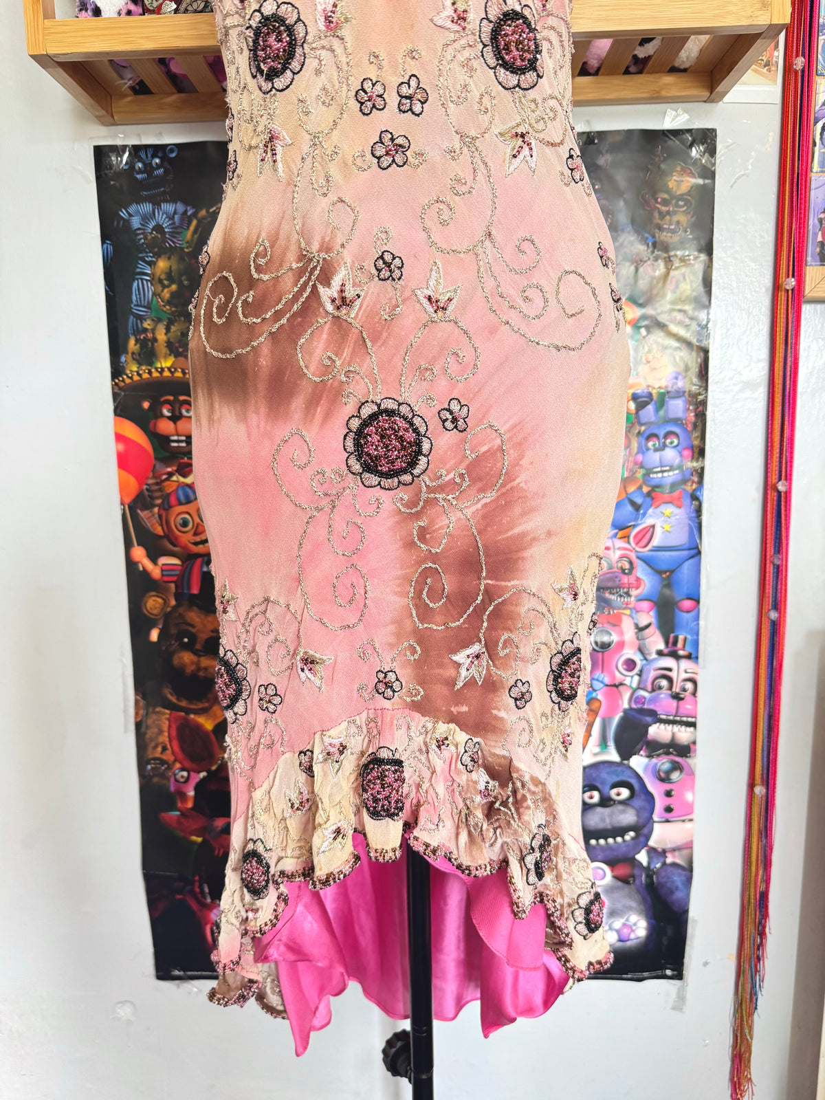 90’s vintage silk pink and brown beaded floral pattern halterneck mini dress fairycore