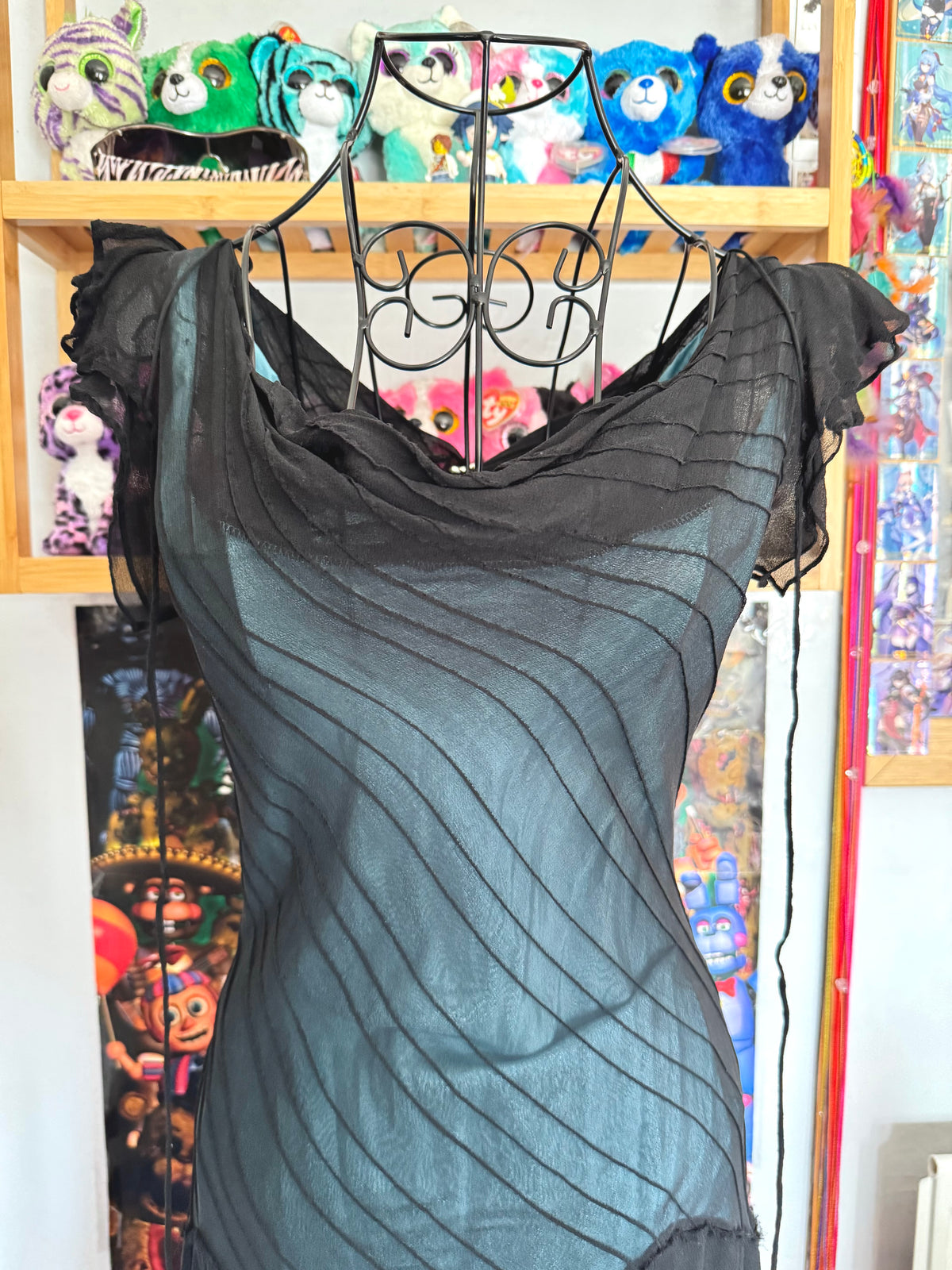 y2k vintage silk hanky fairy hem black maxi dress with blue underlay