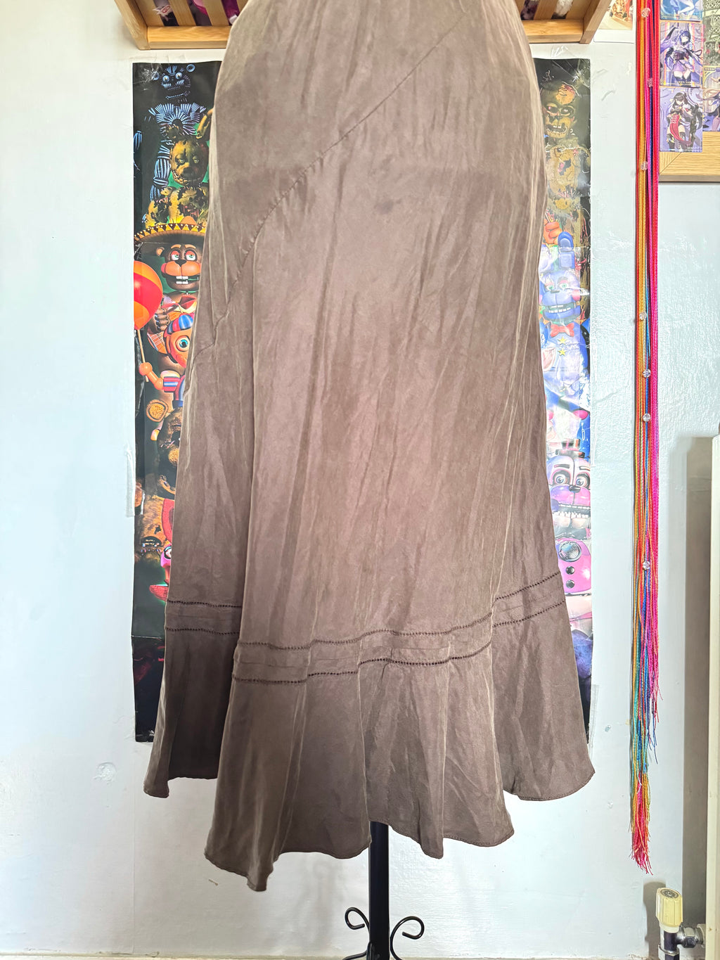 y2k vintage chocolate brown and turquoise blue silk fitted beaded shell midi dress