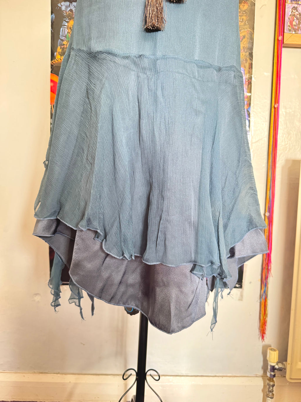 y2k vintage blue silk midi dress with asymmetrical hanky hem and coin tassels