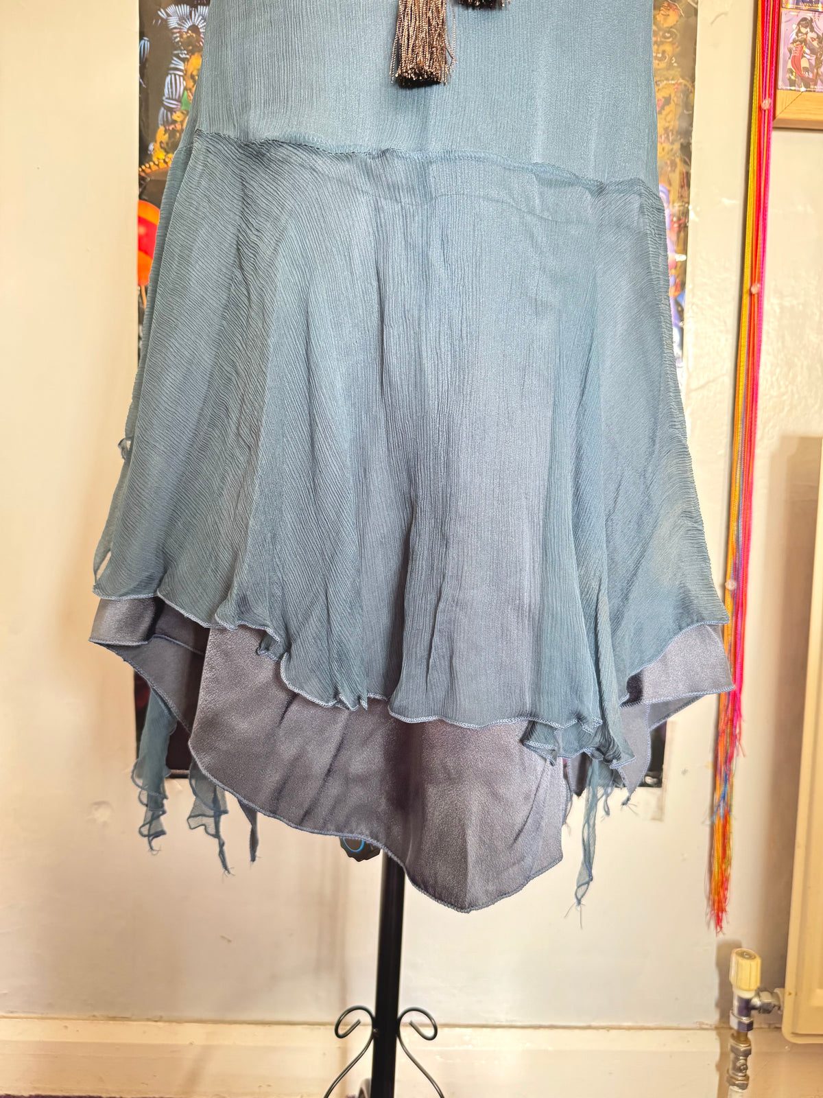 y2k vintage blue silk midi dress with asymmetrical hanky hem and coin tassels