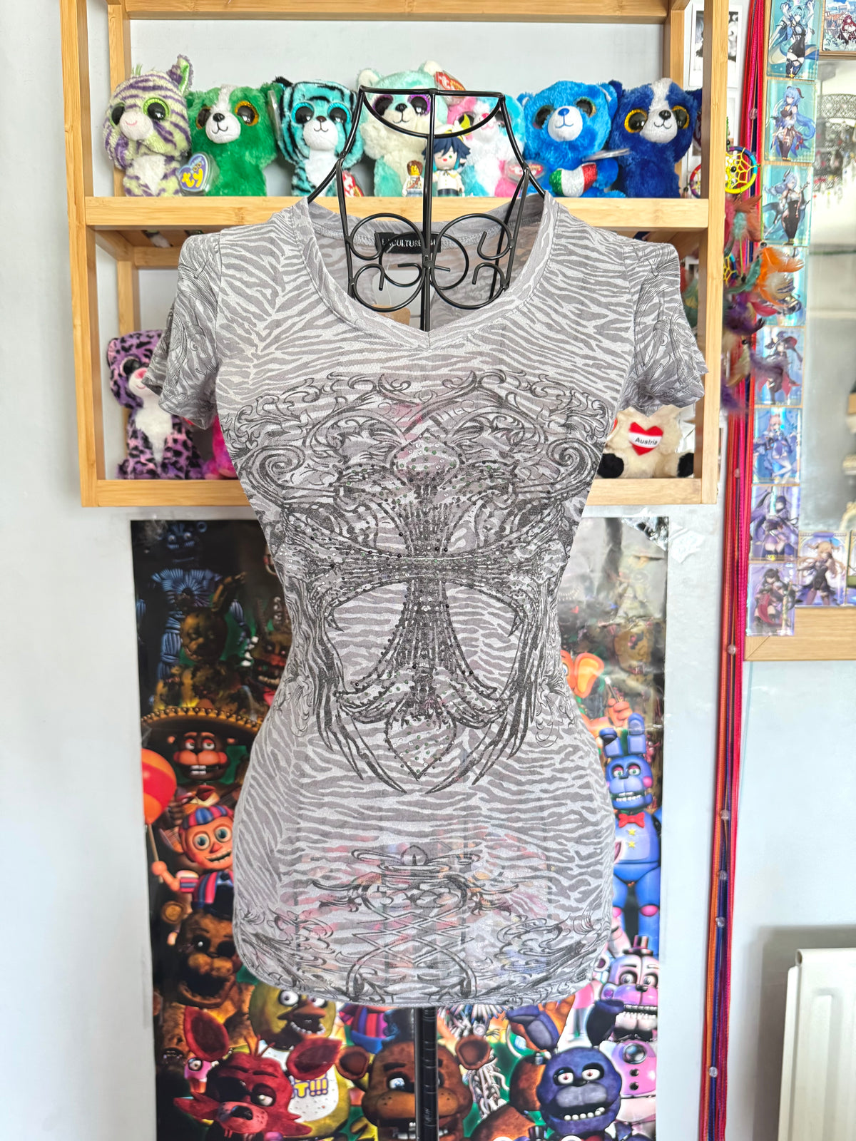 y2k vintage sheer graphic wings fitted tee with rhinestone embellishments affliction mcbling