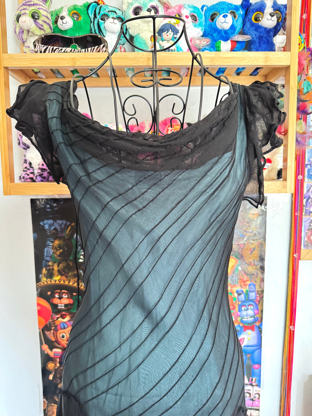 y2k vintage silk hanky fairy hem black maxi dress with blue underlay