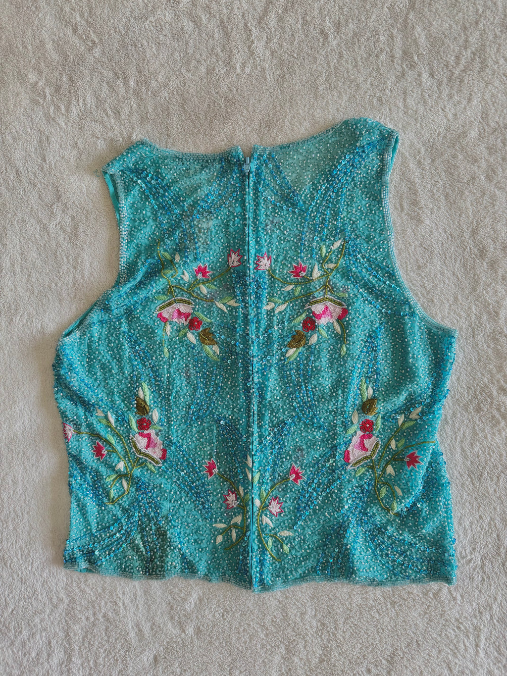 y2k vintage turquoise blue heavily beaded silk fitted vest top mermaid