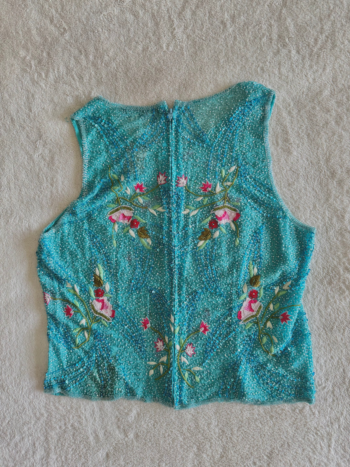 y2k vintage turquoise blue heavily beaded silk fitted vest top mermaid