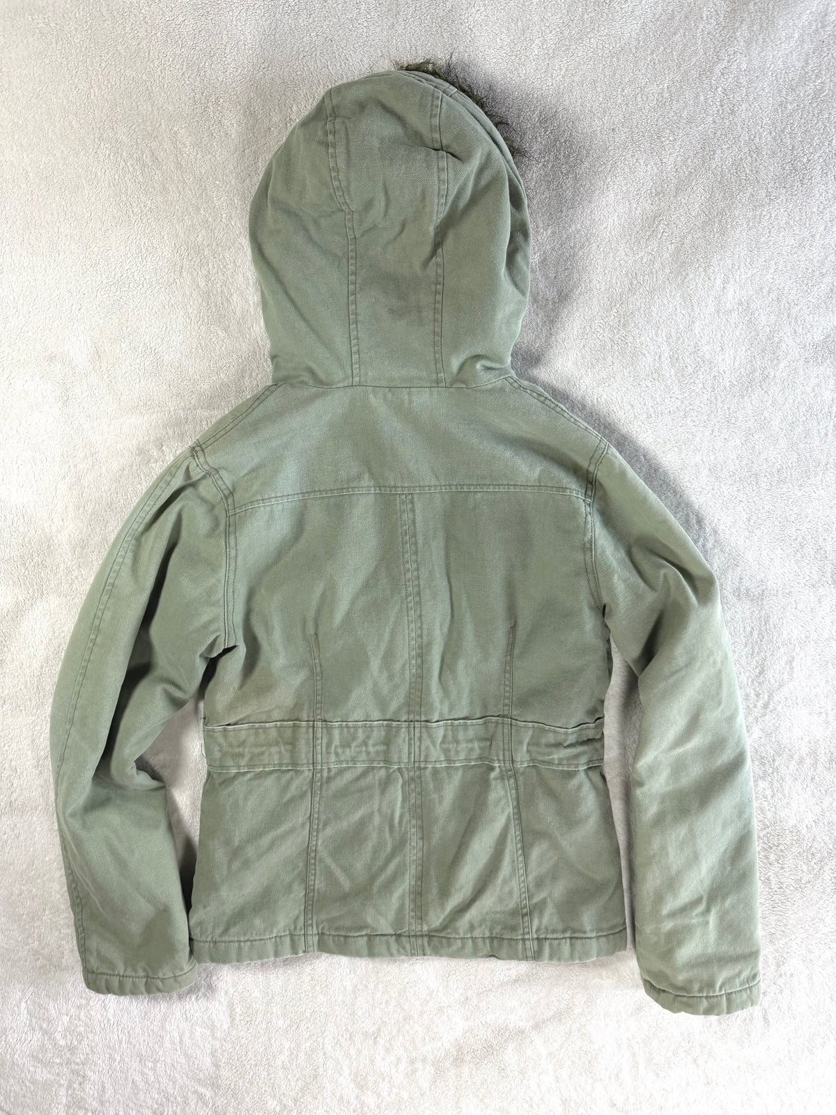 y2k vintage sage green fitted button up parka jacket with faux fur trim hood and cinch waist