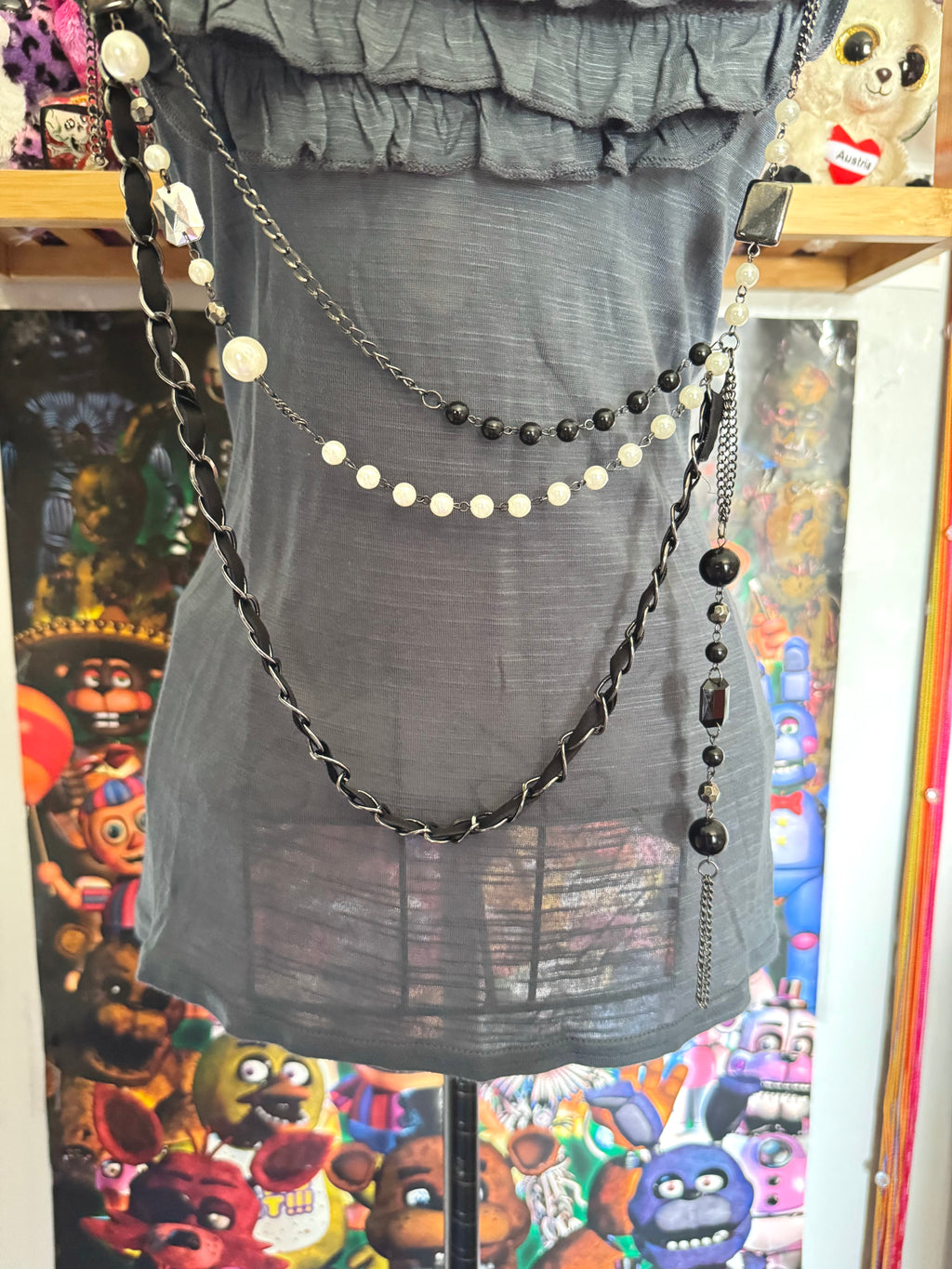 y2k vintage grey fitted cami top with layered necklace overlay grunge