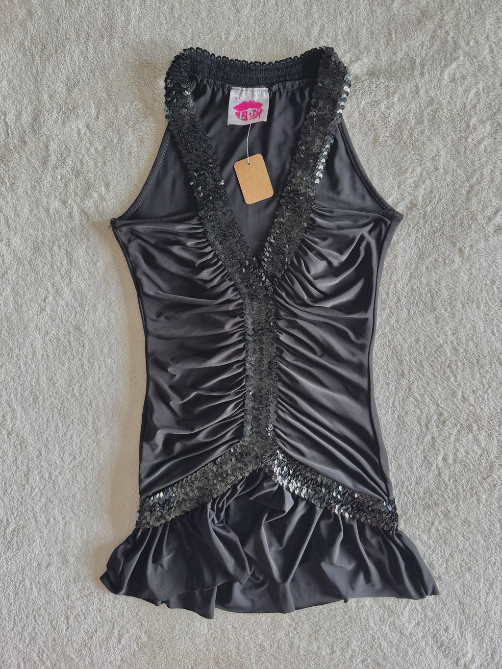 y2k vintage black slinky ruched ruffled vneck top with sequins