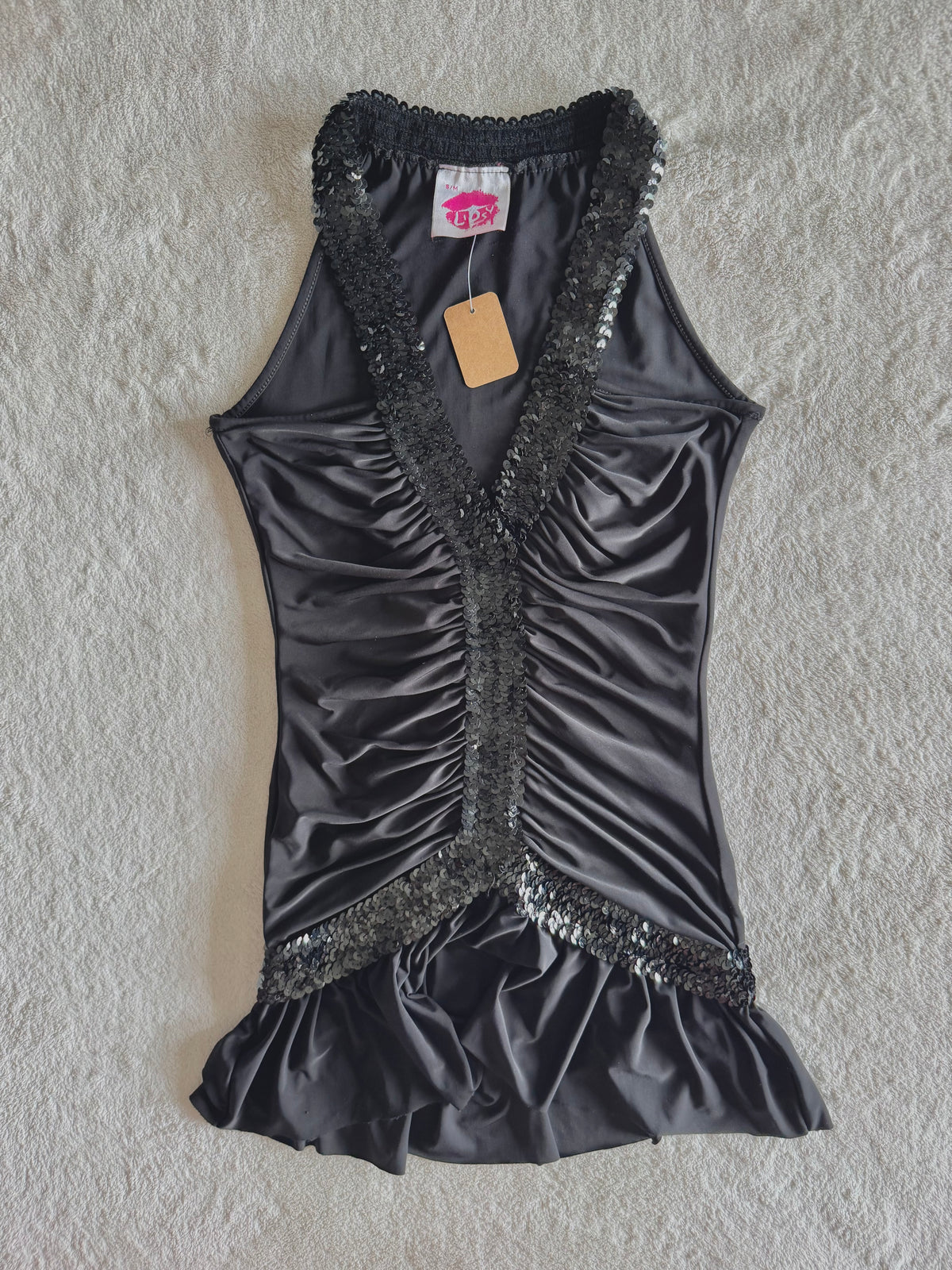 y2k vintage black slinky ruched ruffled vneck top with sequins