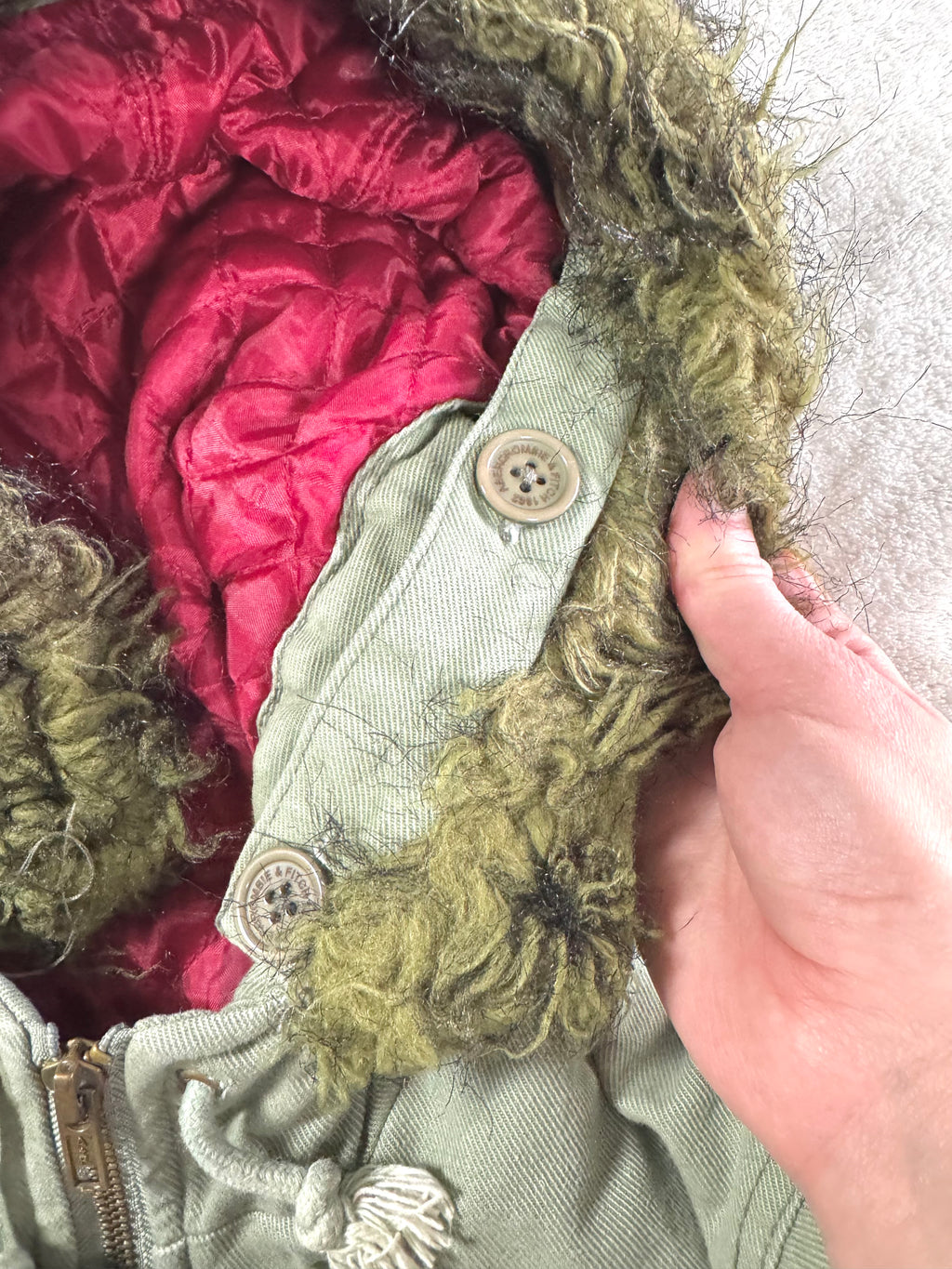 y2k vintage sage green fitted button up parka jacket with faux fur trim hood and cinch waist