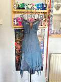 y2k vintage blue silk midi dress with asymmetrical hanky hem and coin tassels