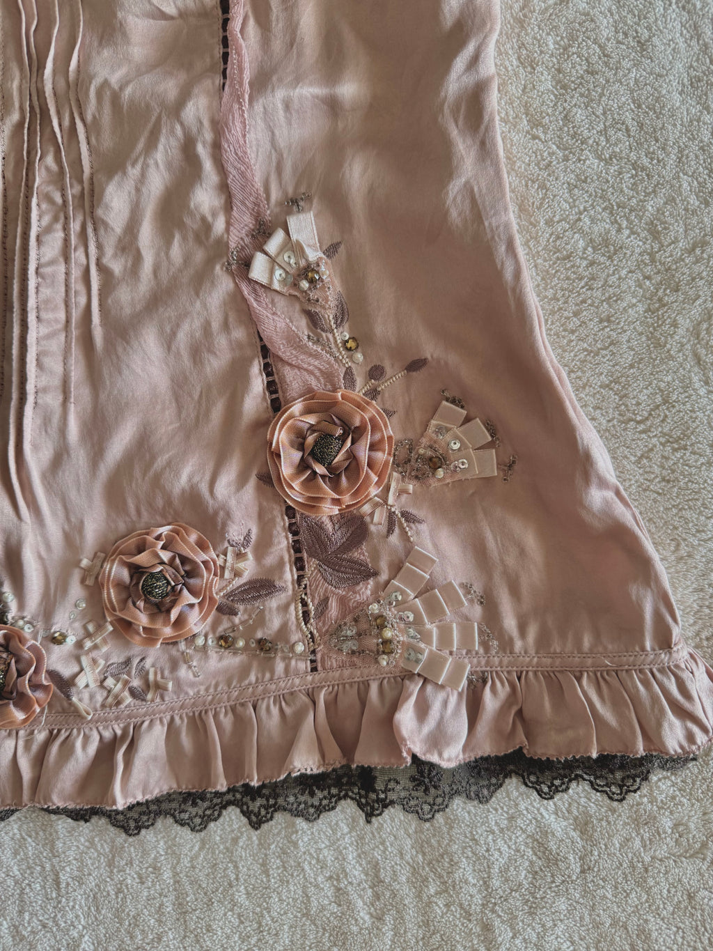 y2k vintage dusky pink silk cami top with 3D flowers embellished