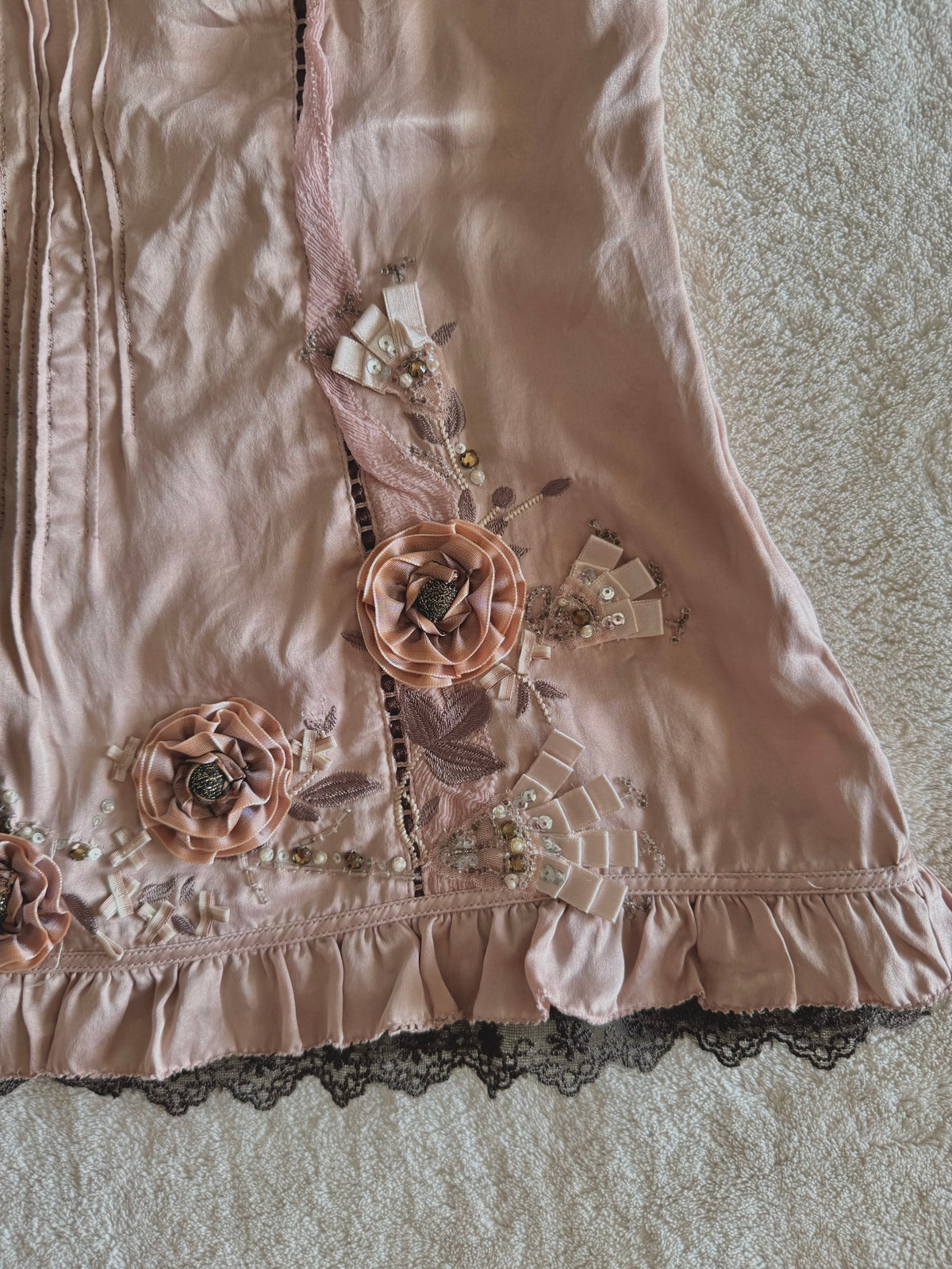 y2k vintage dusky pink silk cami top with 3D flowers embellished