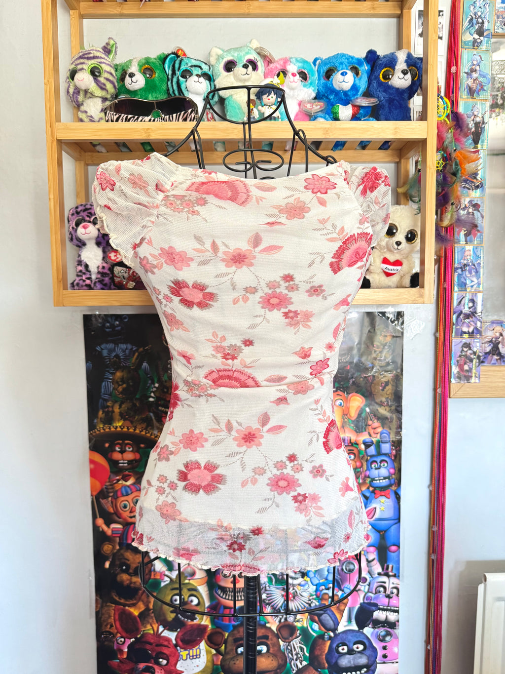 y2k vintage mesh floral print milkmaid style top with lettuce hem coquette