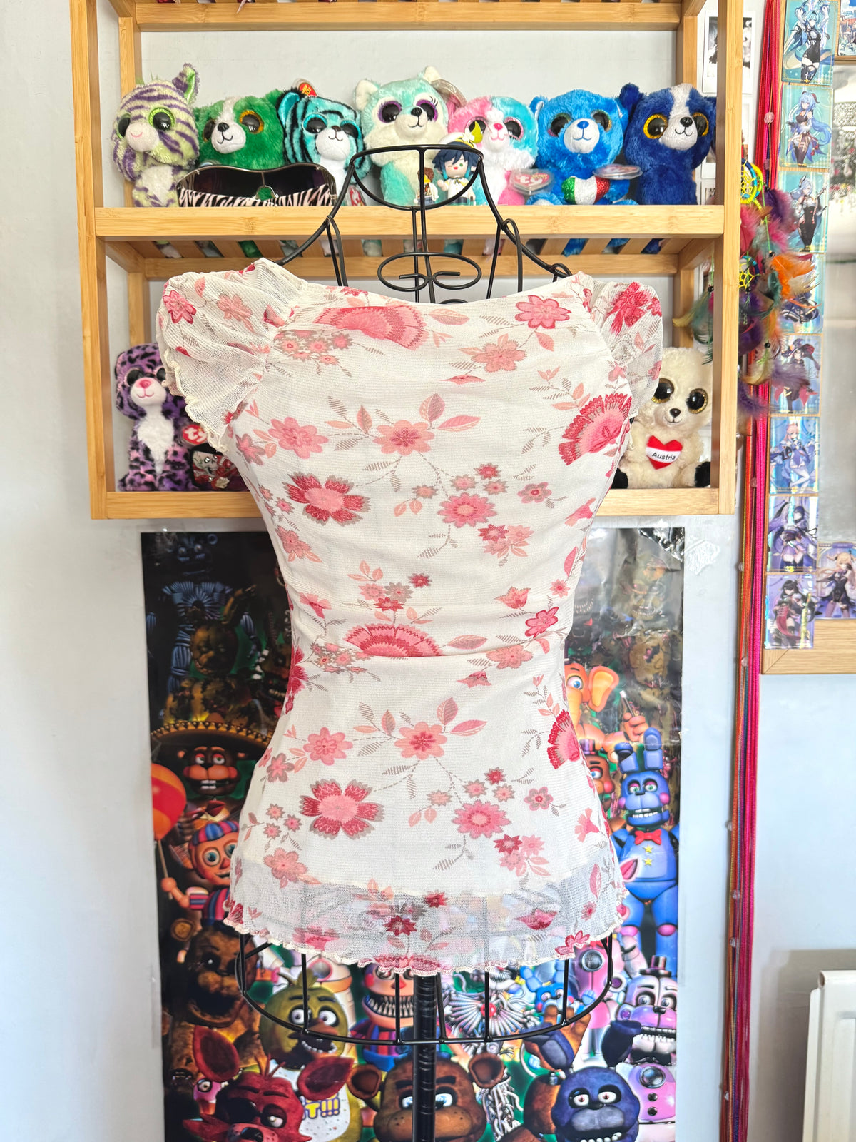 y2k vintage mesh floral print milkmaid style top with lettuce hem coquette