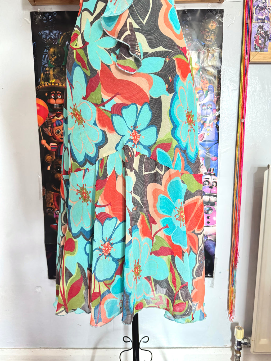 y2k vintage multicoloured blue floral print midi dress