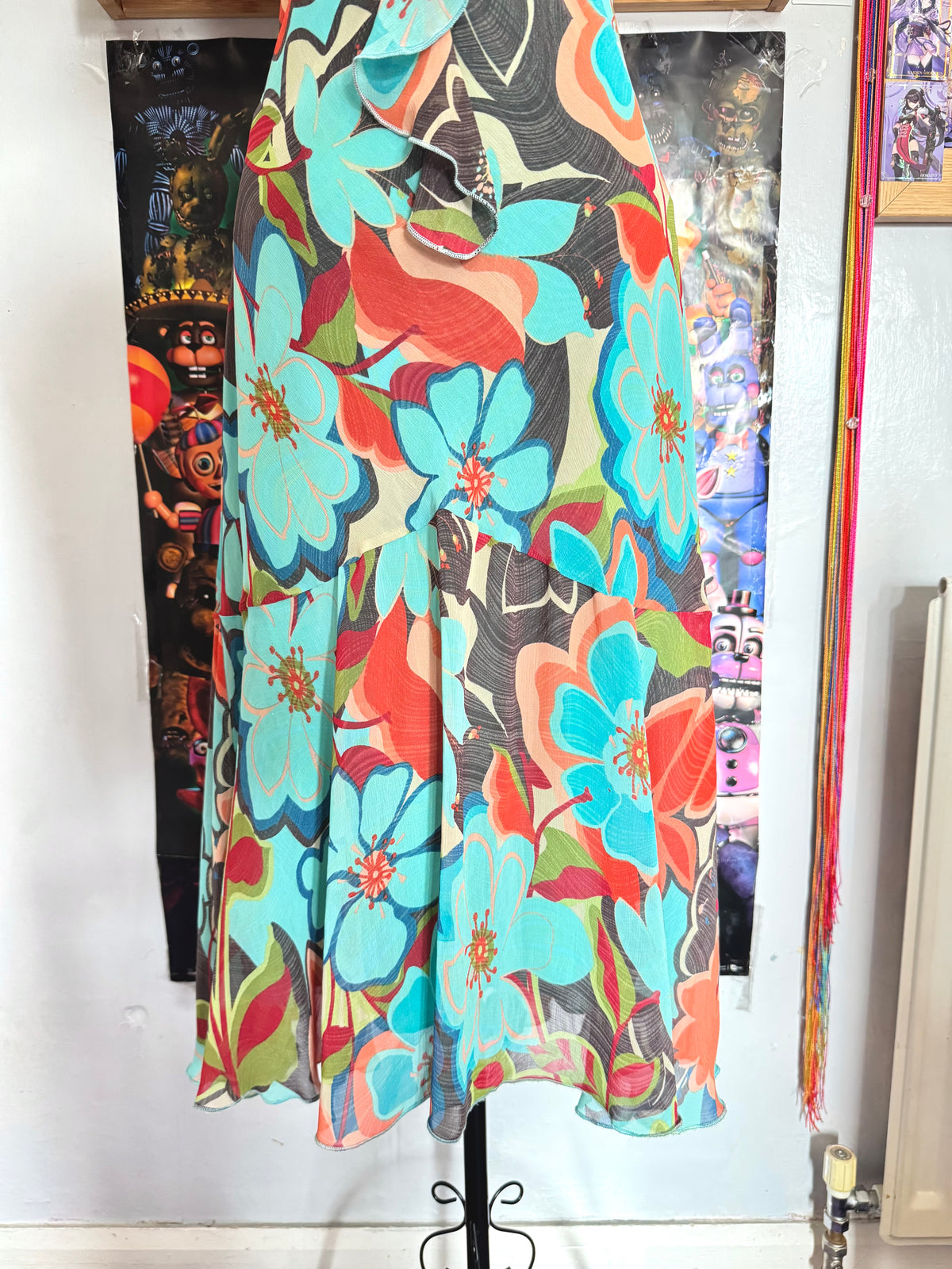 y2k vintage multicoloured blue floral print midi dress
