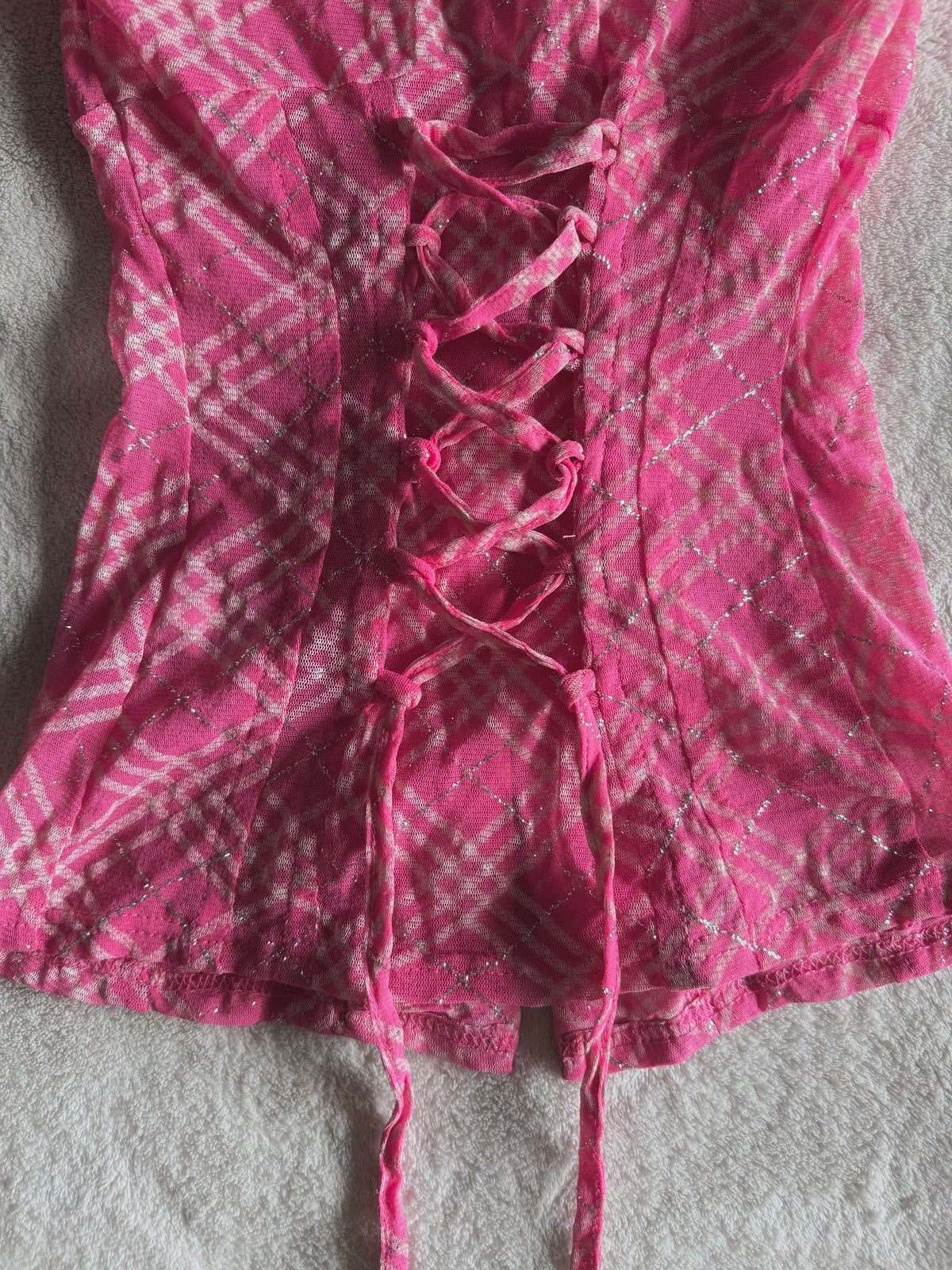 y2k vintage rare hot pink plaid glittery button up sheer blouse with lace up back mcbling