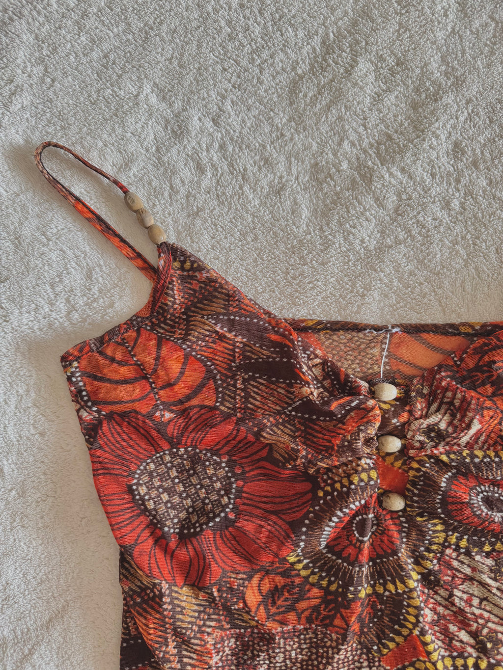 y2k vintage orange floral mesh cami top with wooden beading