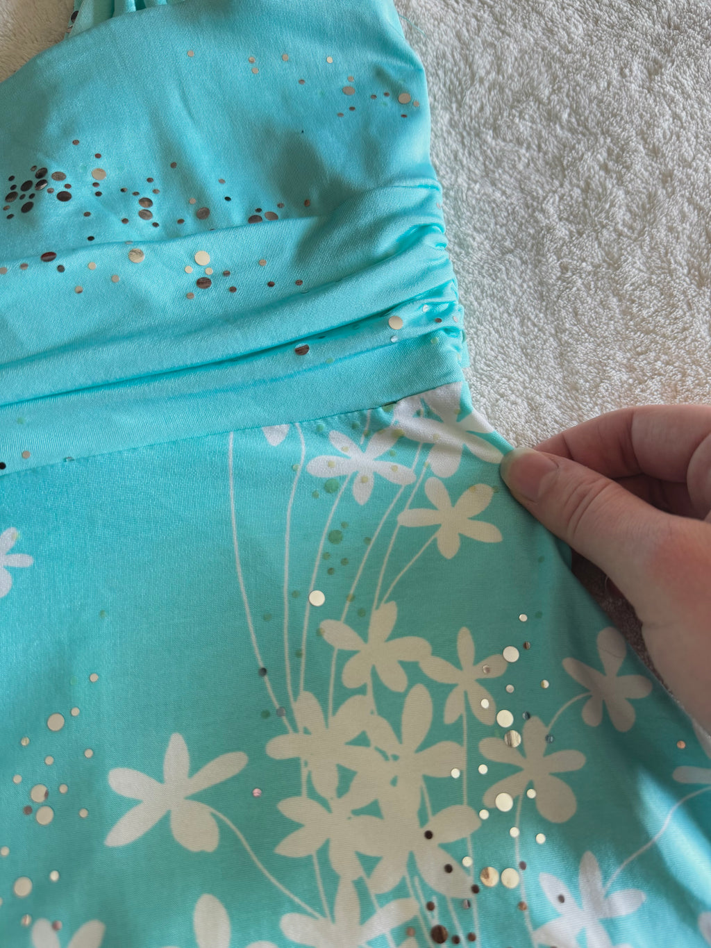 y2k vintage turquoise blue floral slinky fitted cami top with sequins