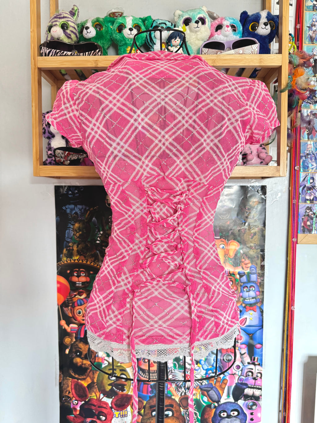 y2k vintage rare hot pink plaid glittery button up sheer blouse with lace up back mcbling