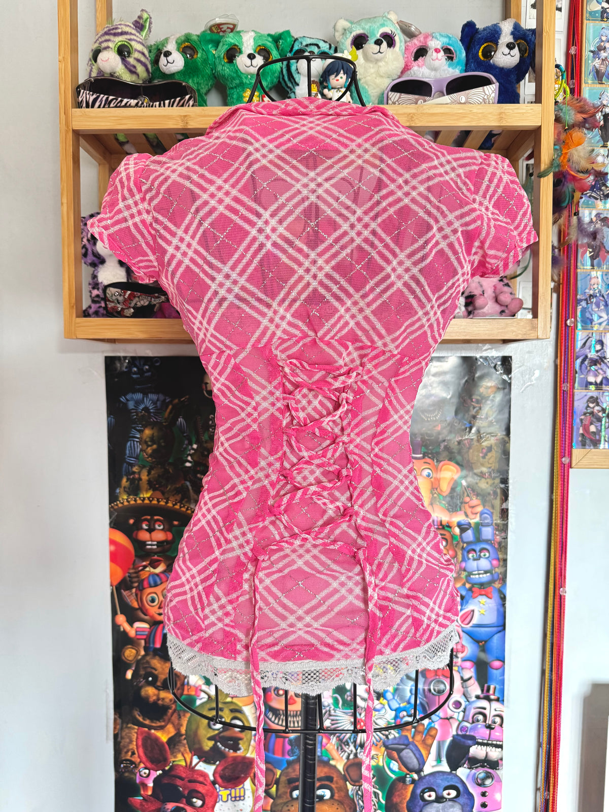 y2k vintage rare hot pink plaid glittery button up sheer blouse with lace up back mcbling