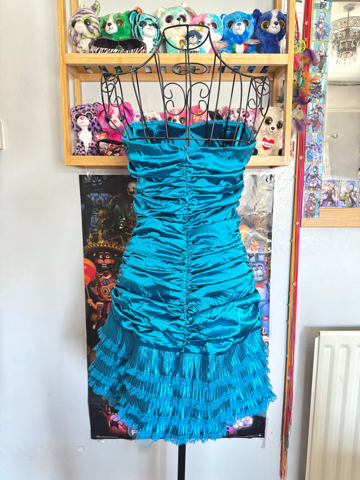 y2k vintage bnwt deadstock satin blue ruched strapless mini dress