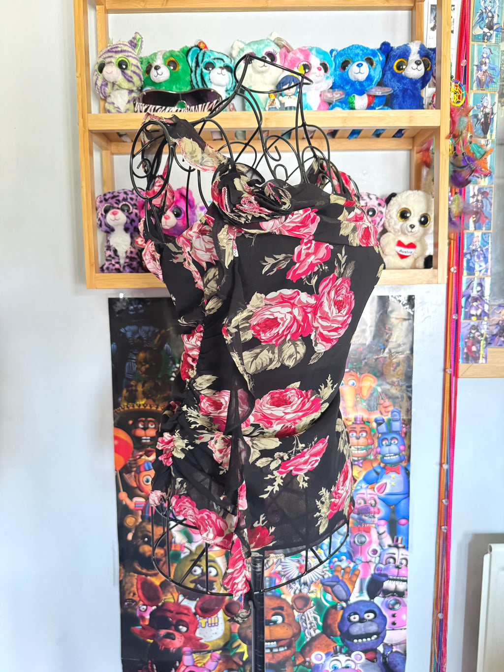 y2k vintage silk floral print ruched fitted cami top with rosette detail