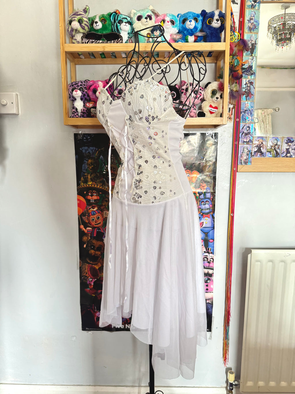 y2k vintage white mesh lace front sequin mini dress with hanky fairy hem