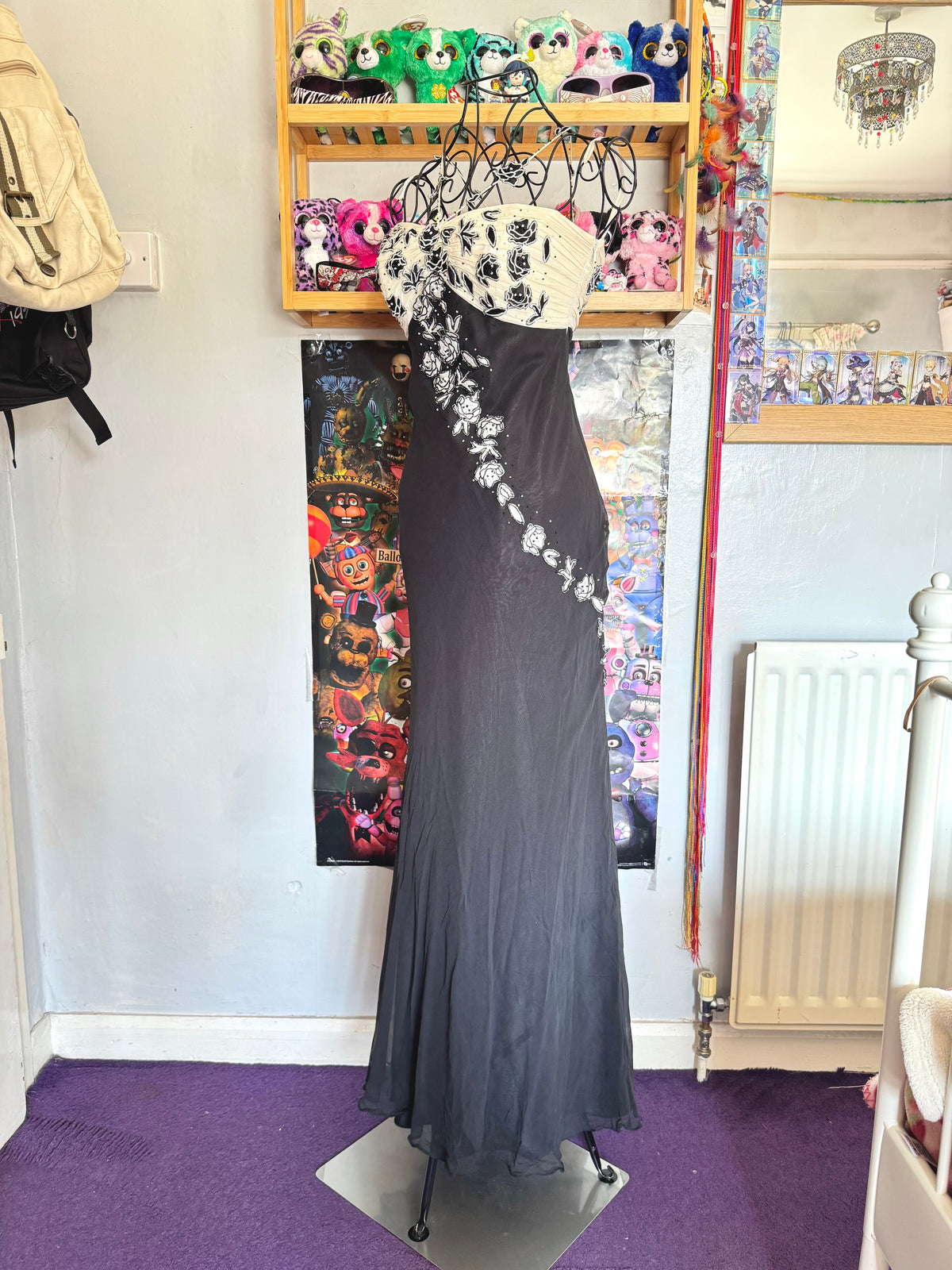 y2k vintage silk black and cream formal evening maxi dress with criss cross straps and beading