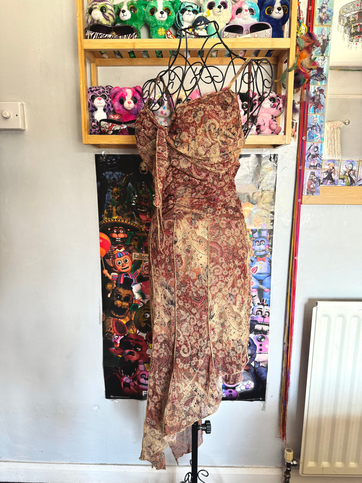 y2k vintage earthy fairy asymmetrical hem midaxi dress with glittery shimmer