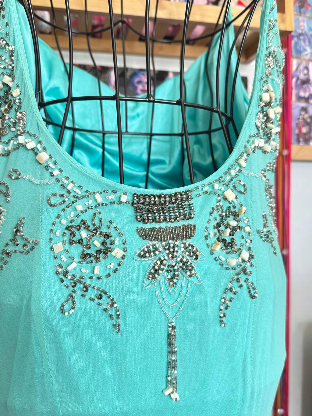 vintage 90’s turquoise blue silk heavily beaded handmade fishtail maxi dress mermaid core