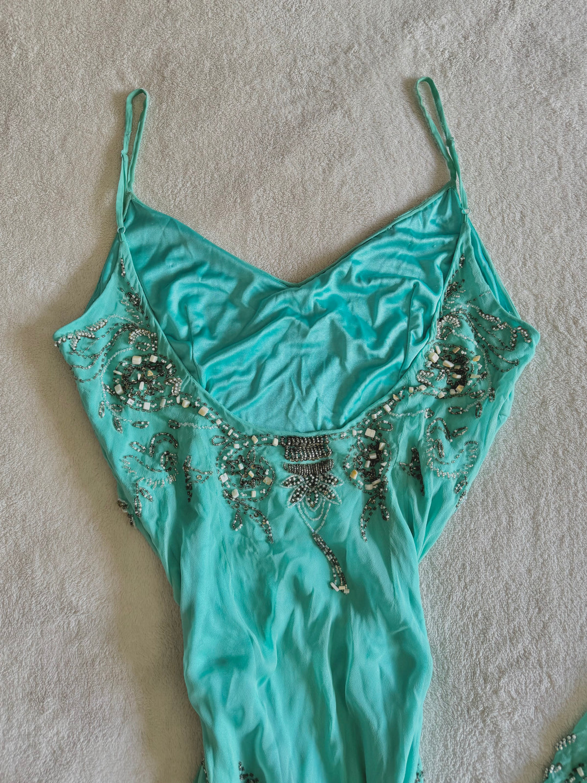 vintage 90’s turquoise blue silk heavily beaded handmade fishtail maxi dress mermaid core