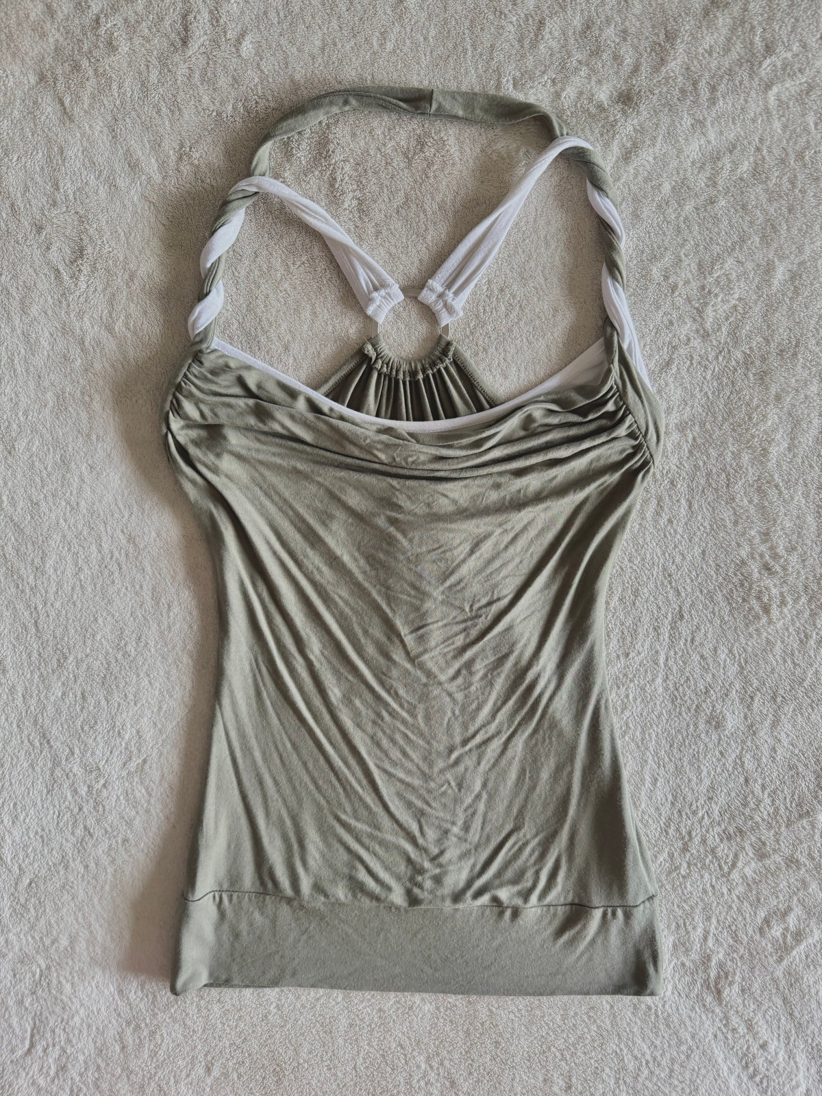 y2k vintage khaki green and white layered cowl neck fitted top with o-ring back