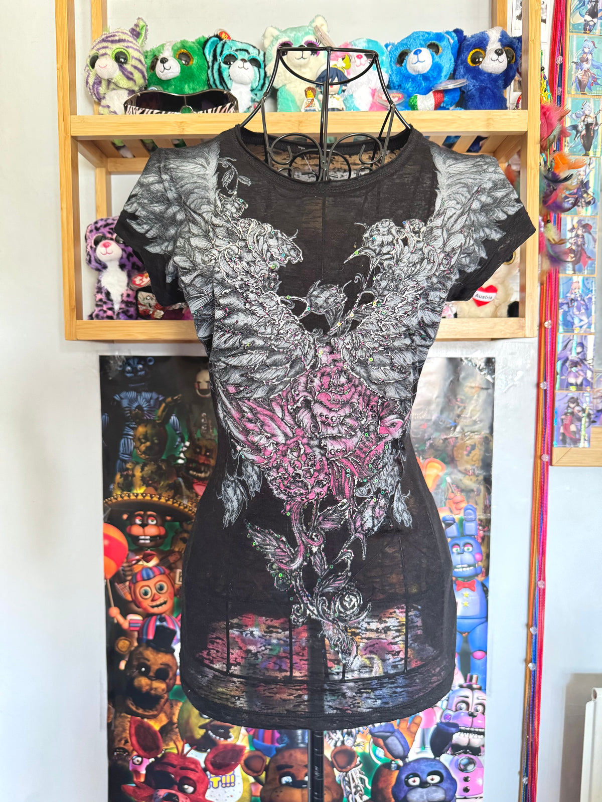 y2k vintage insane graphic angel wings print fitted sheer tee