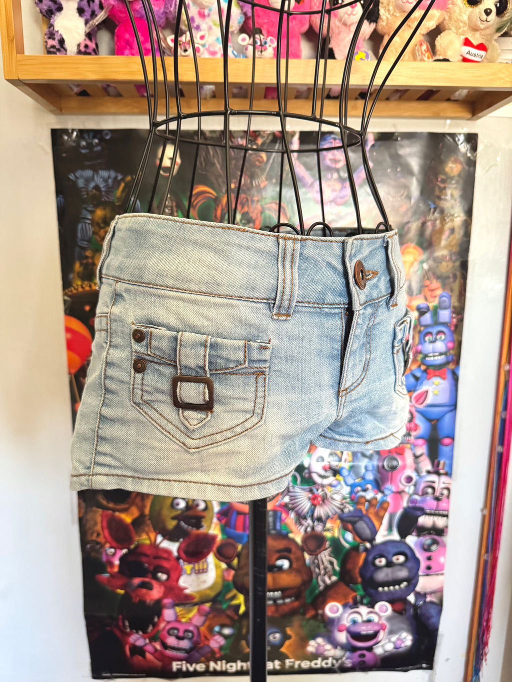 y2k vintage low waisted light was denim micro mini shorts with buckles