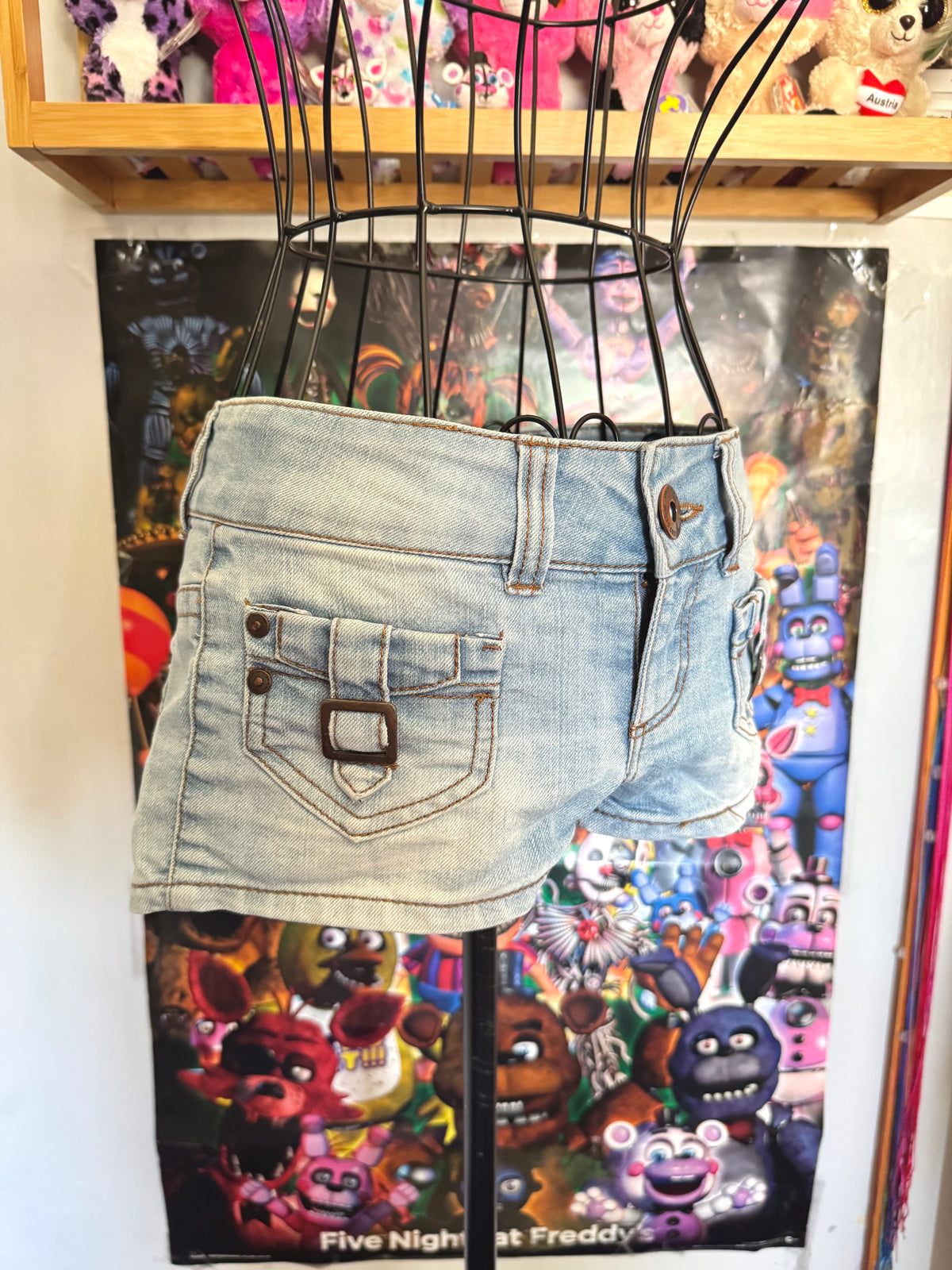 y2k vintage low waisted light was denim micro mini shorts with buckles