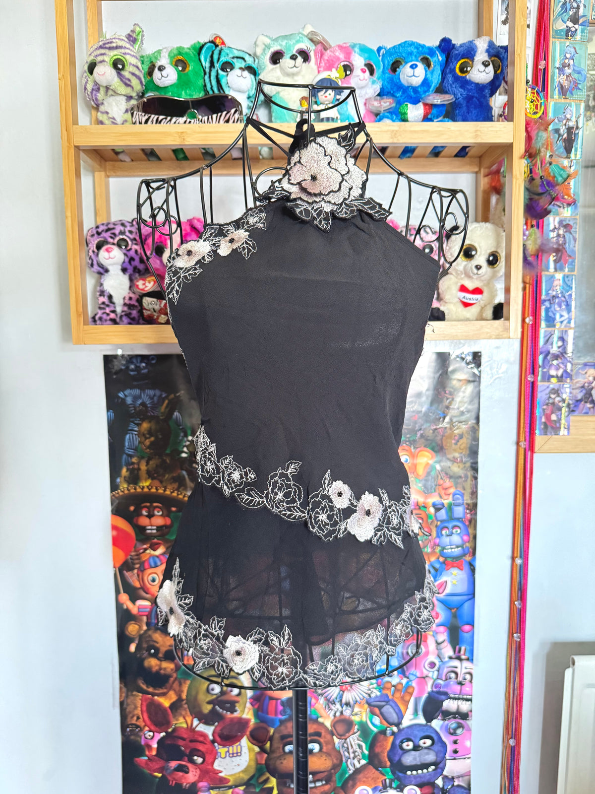y2k vintage silk black floral embroidered halterneck cami top