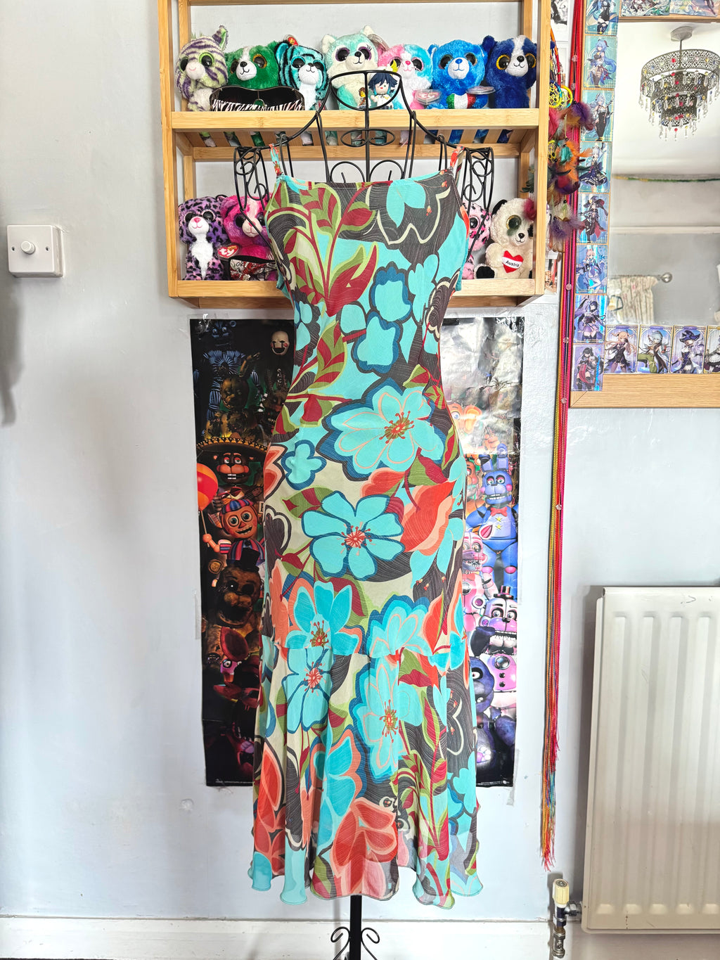 y2k vintage multicoloured blue floral print midi dress