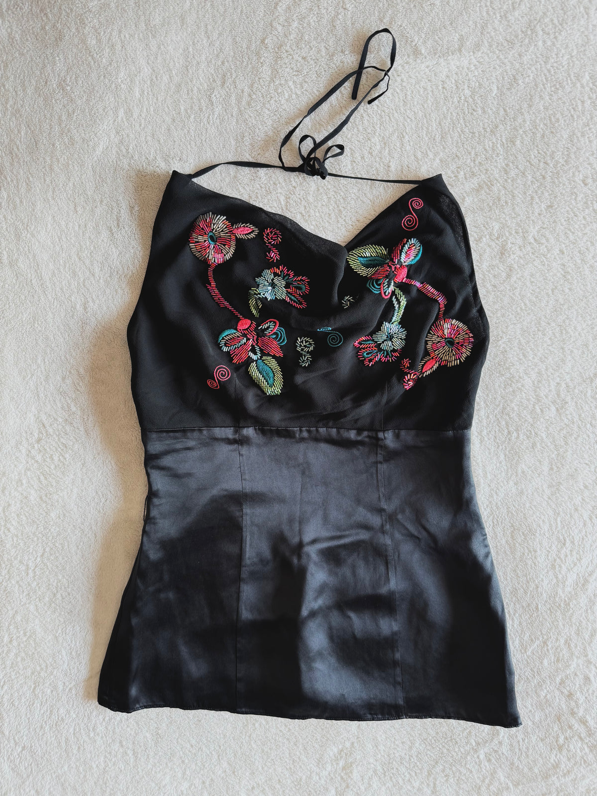y2k vintage silk fitted cowl neck halter top with beading embellishments