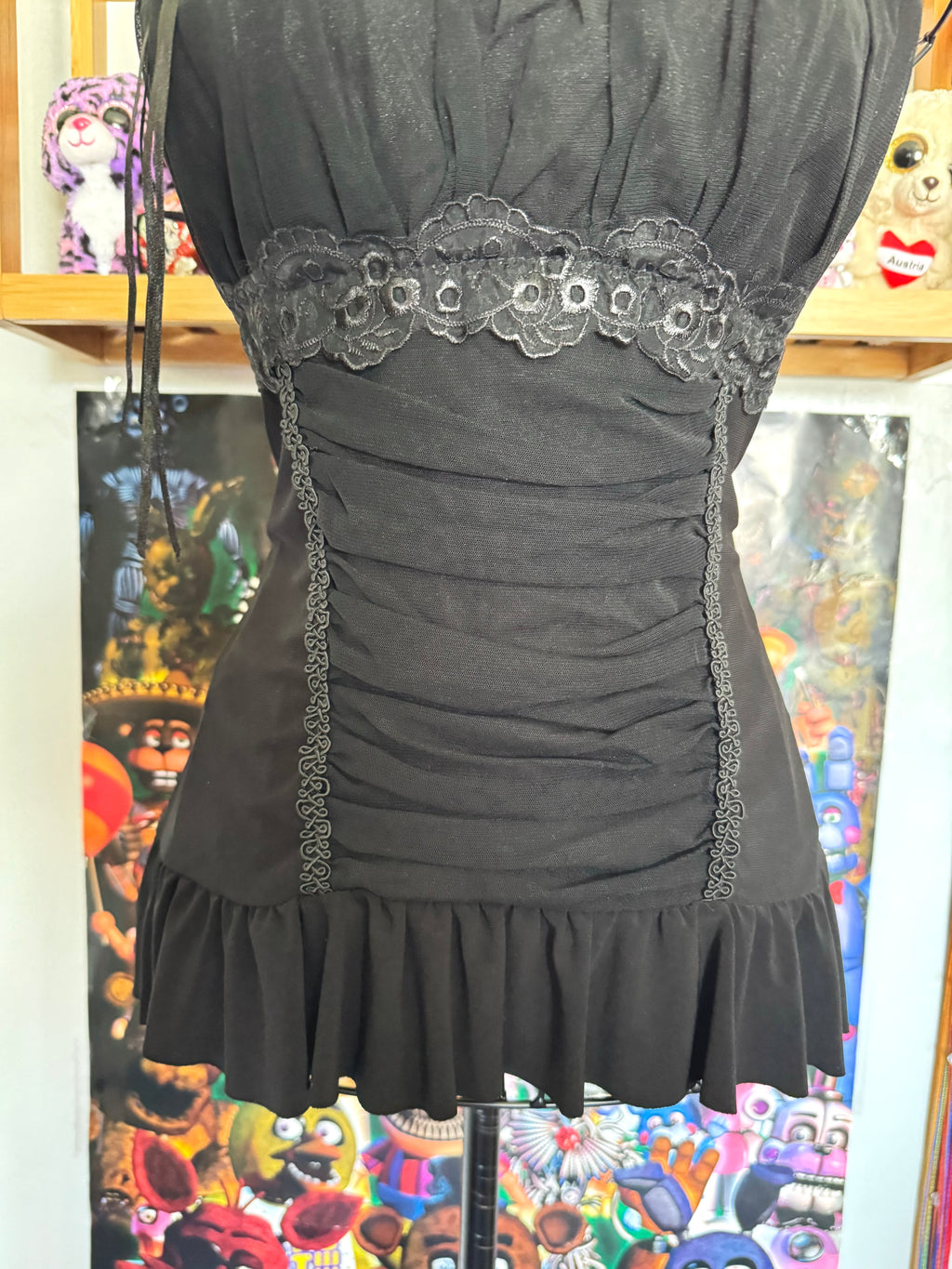 y2k vintage black mesh fitted cami top with ruffle hem and ruched milkmaid bust gothic