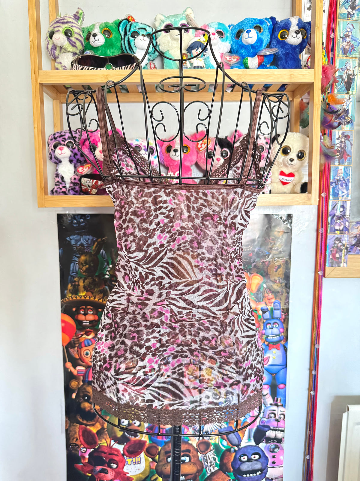y2k vintage leopard and zebra print brown and hot pink sheer mesh cami top mcbling