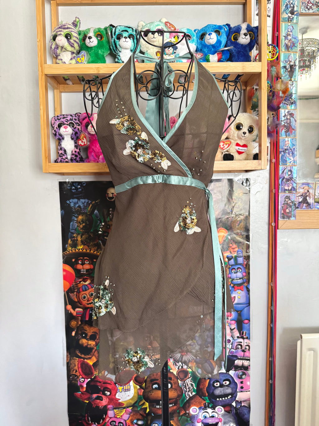 y2k vintage brown, turquoise silk asymmetric layered fairy halter cami top with sequins