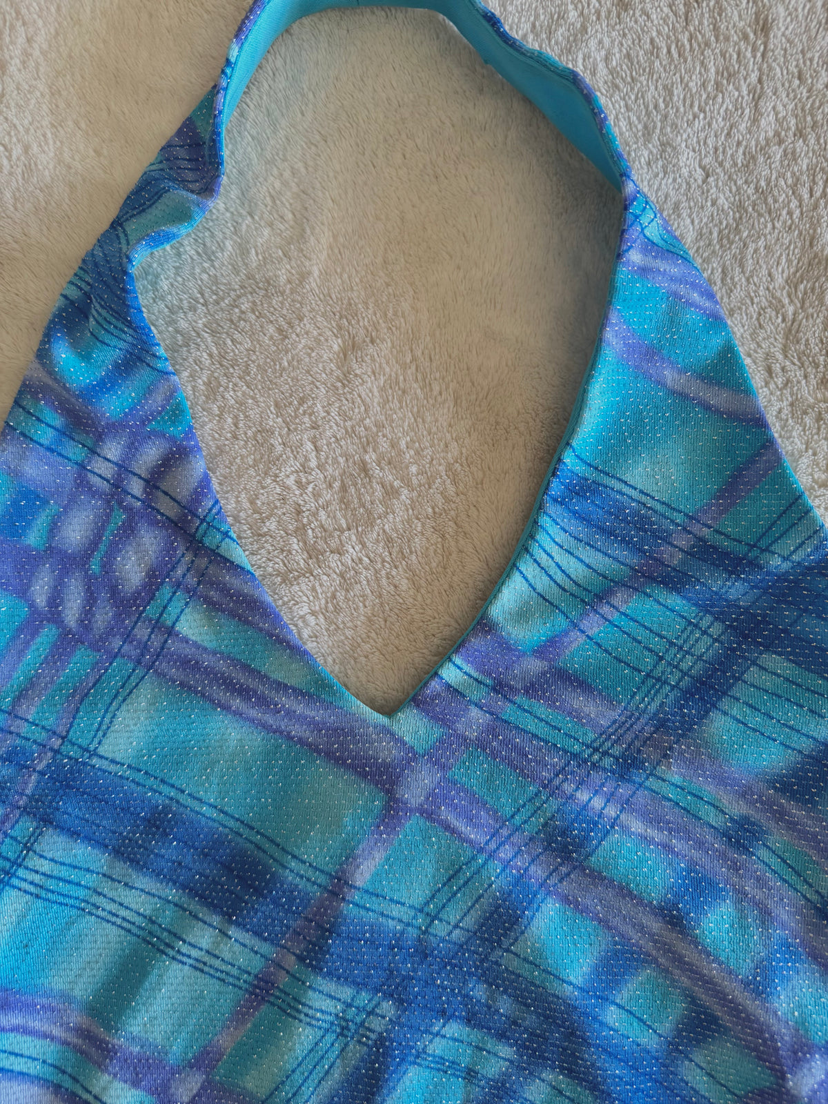 y2k vintage aqua blue fitted halterneck tie back top with glittery shimmer throughout