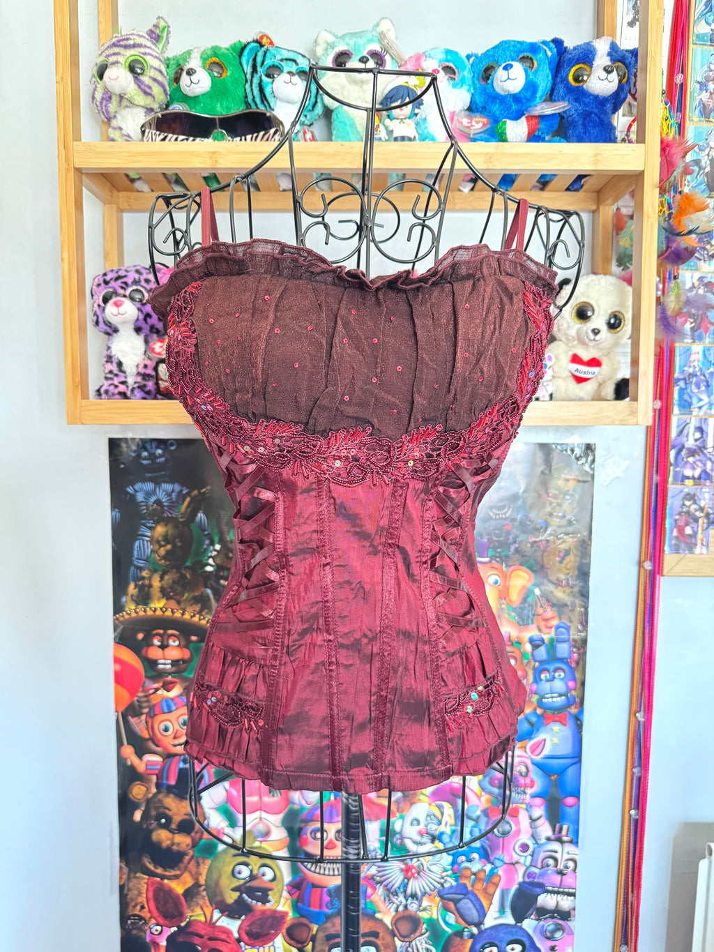 y2k vintage crimson red lace up look sequin embellished boned and fitted corset top