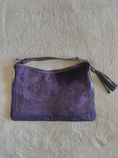 y2k pony hair violet purple slouchy boho handbag with real suede and leather