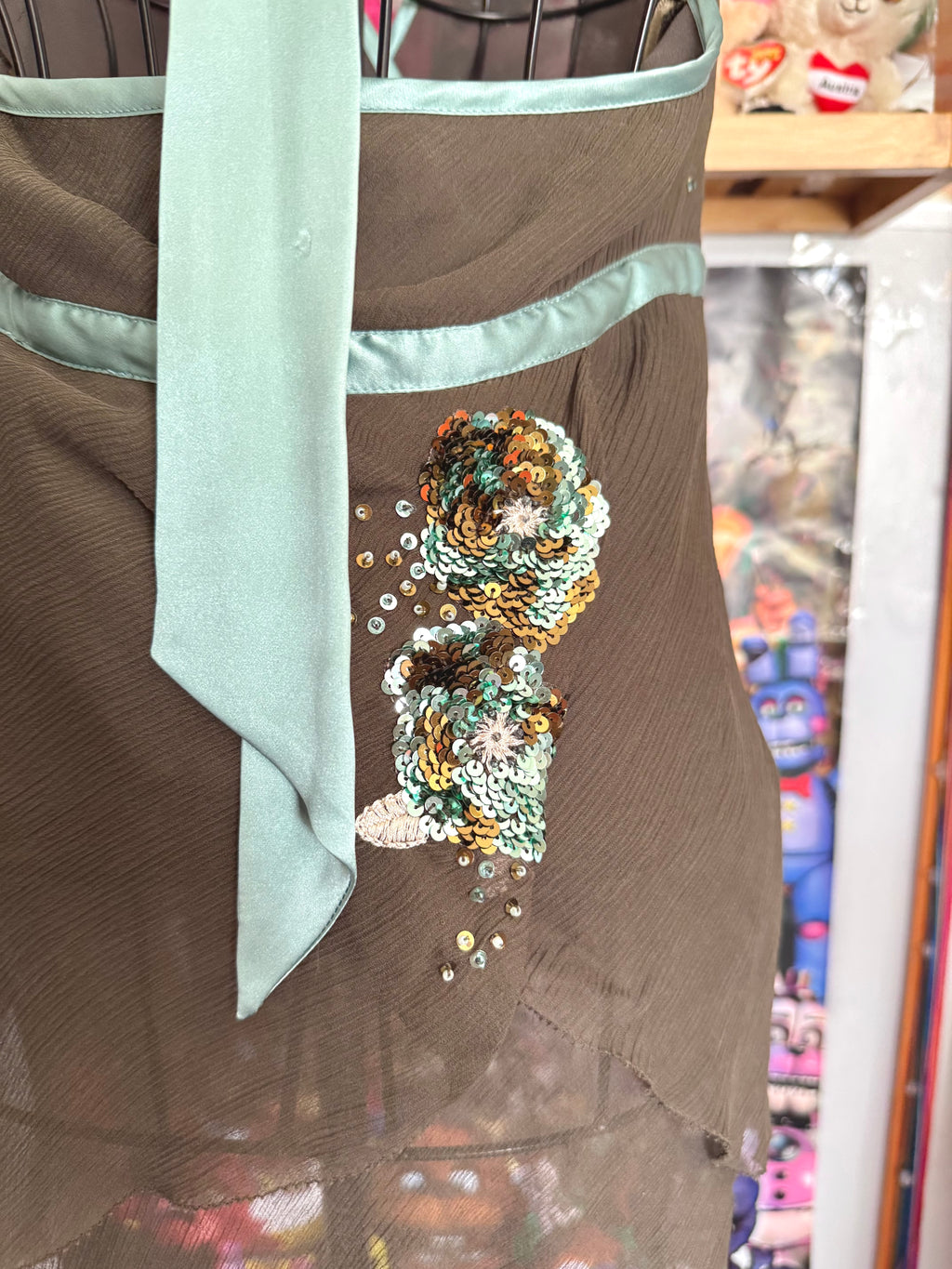 y2k vintage brown, turquoise silk asymmetric layered fairy halter cami top with sequins