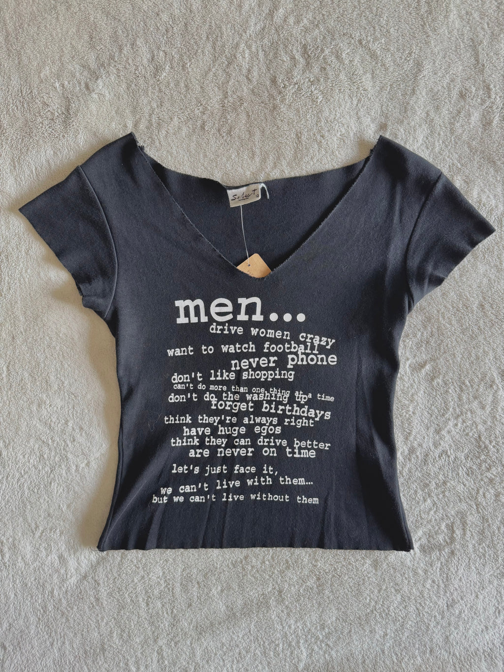 y2k vintage “men drive women crazy” graphic cropped and fitted vneck shirt